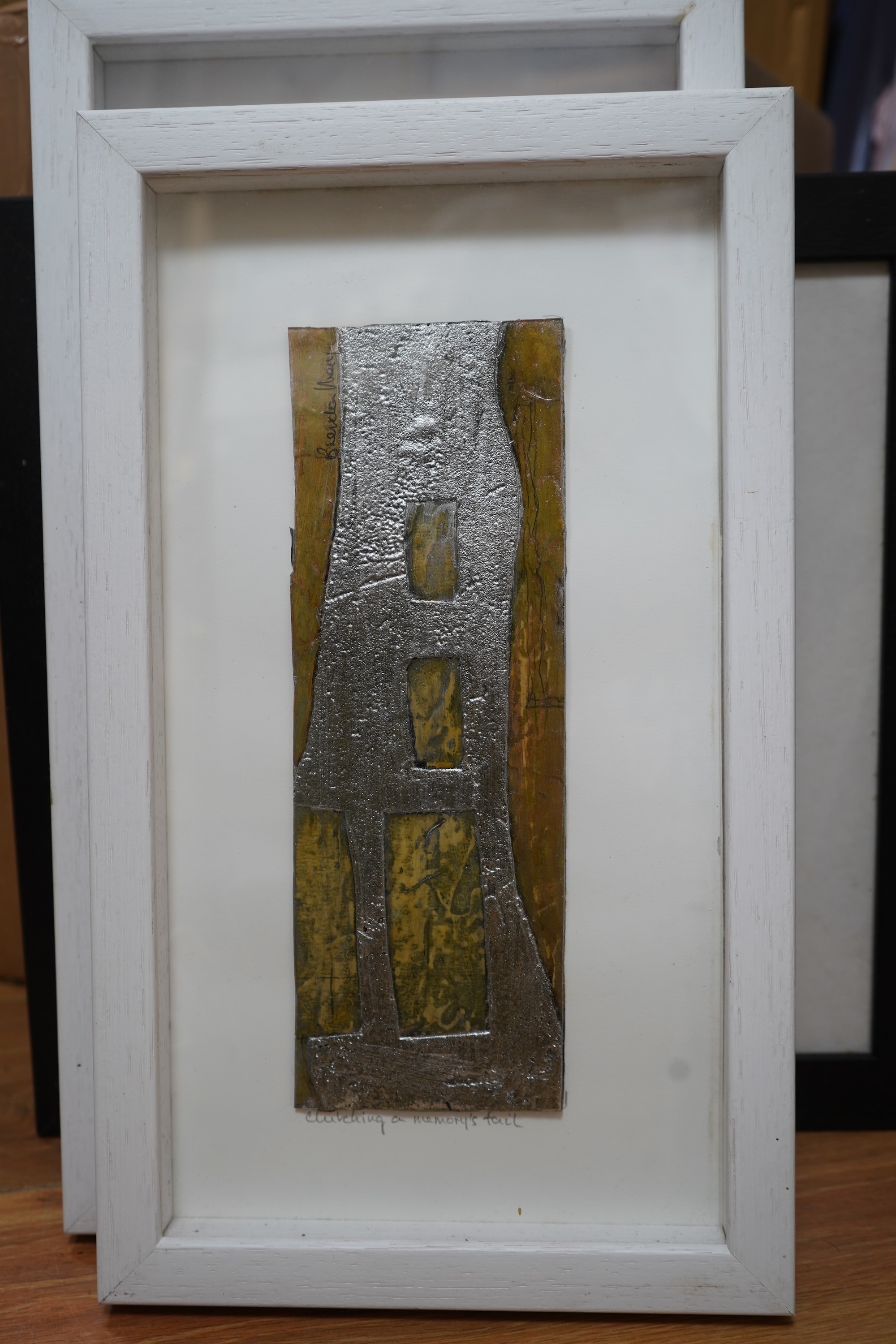 Brenda May (Modern British), a collection of three collages to include ‘On the Edge of Memory’, each signed and a collagraph print titled ‘Coastal Line, signed in pencil, largest 21 x 49cm